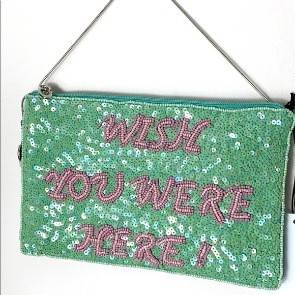 From St. Xavier Wish You Were Here green sequin clutch bag NWT - Picture 2 of 9
